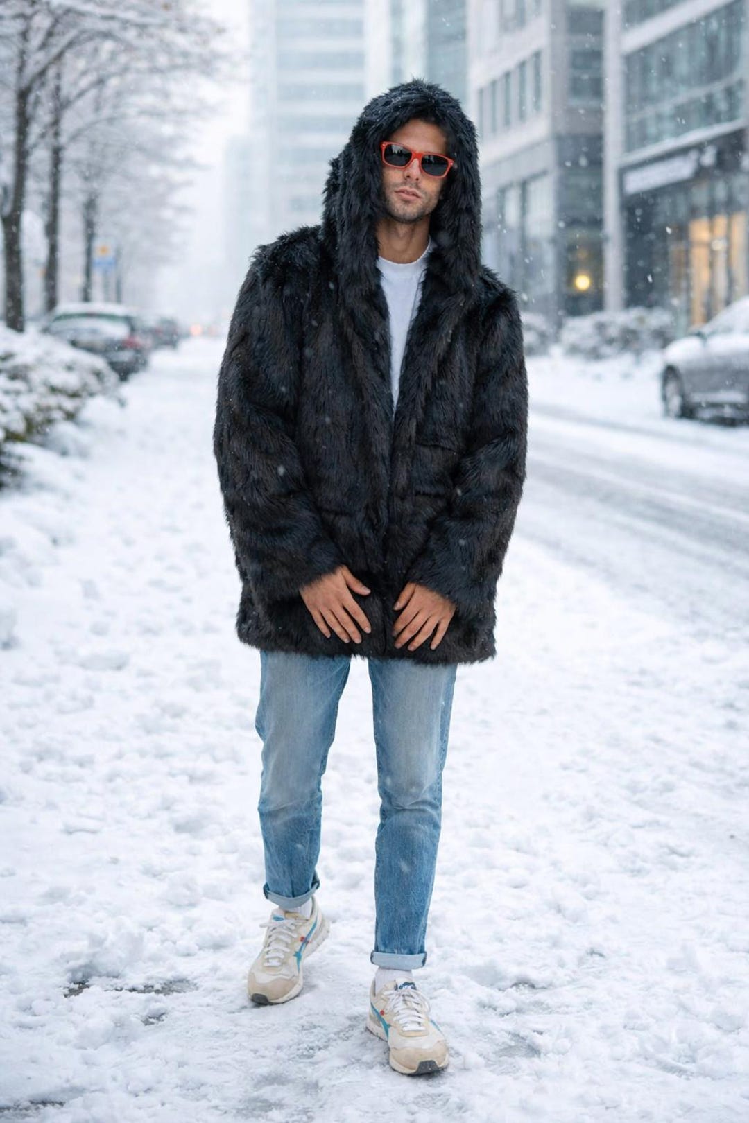 Men's Black Shaggy Wolf Faux Fur Coat With Oversized Hood, Winter