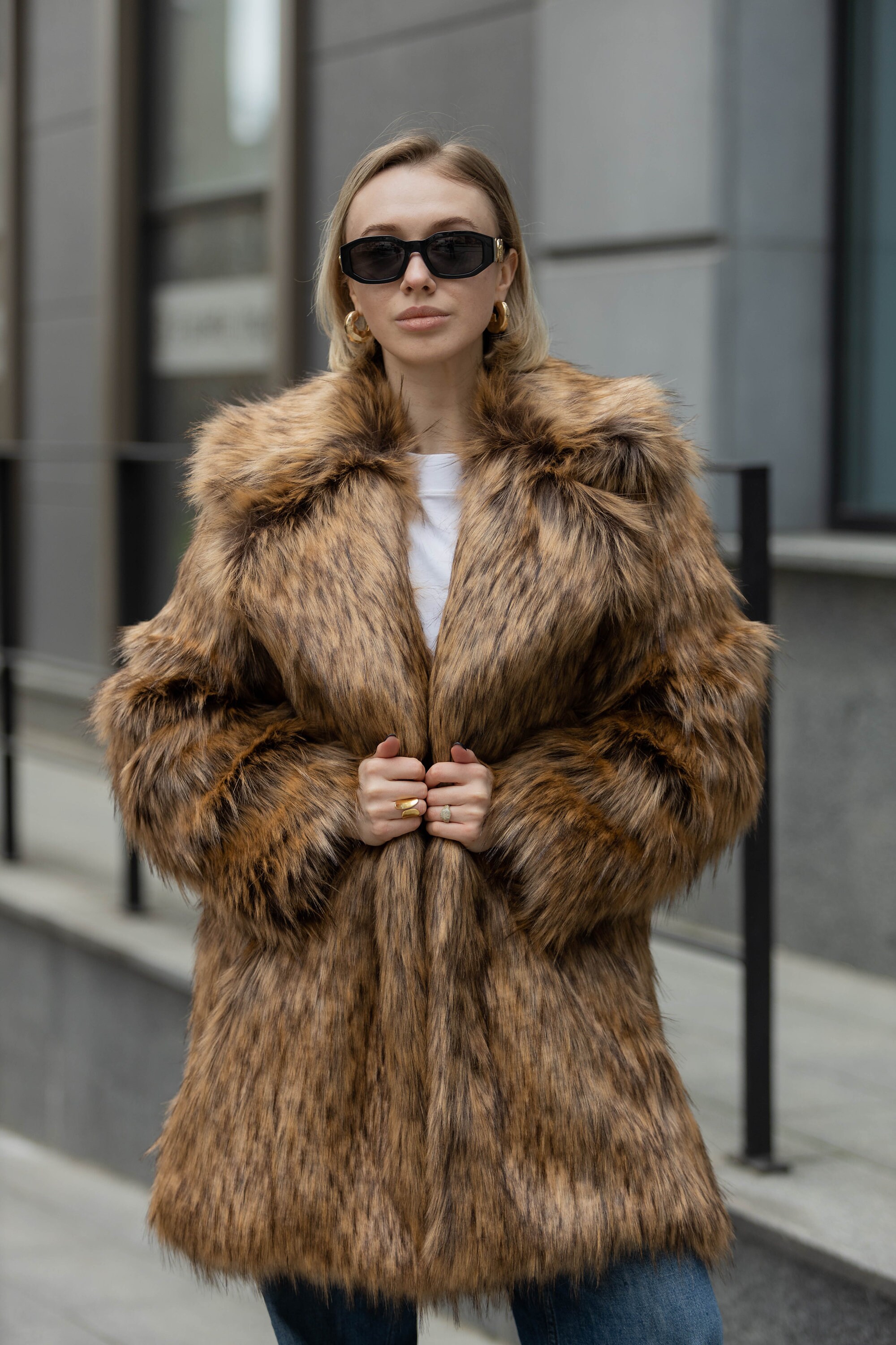 90s Grunge Faux Fox Fur Coat: Midi Length, Oversized Collar - Etsy