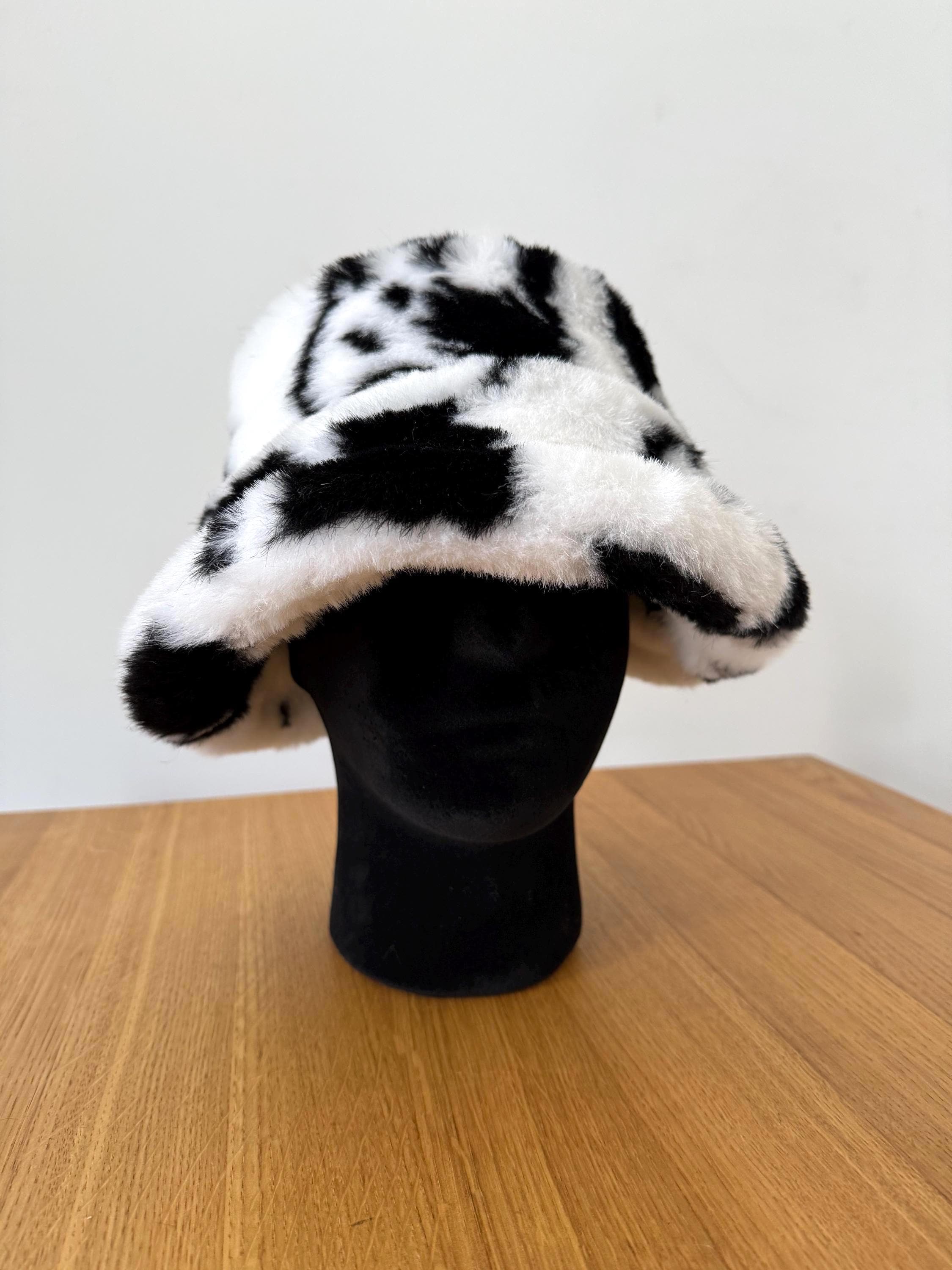 Cow Print Faux Fur Bucket Hat: Fluffy 90s Festival Cap - Etsy