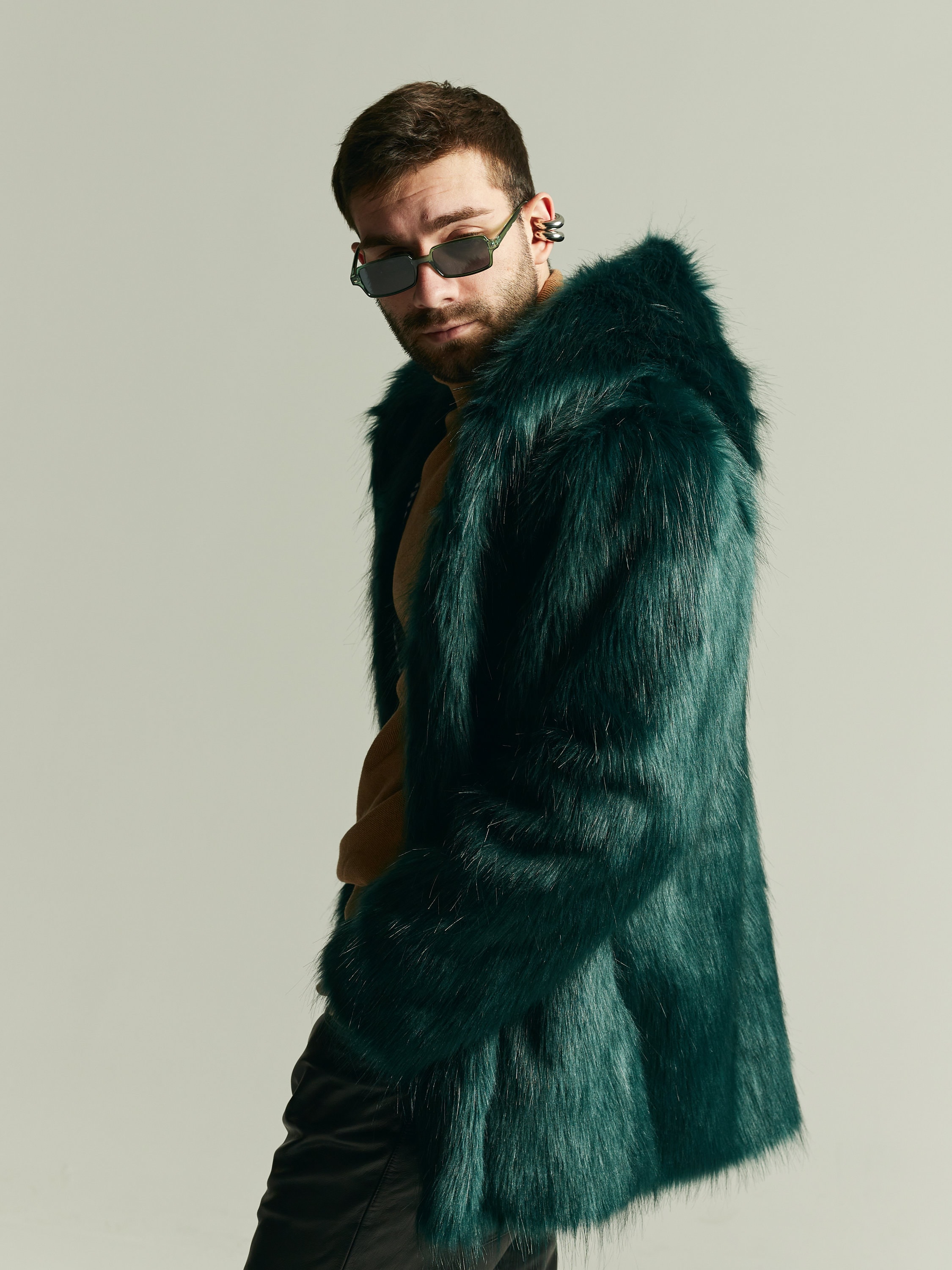 メンズ エメラルドグリーン フェイクファー フード付き フェスティバル