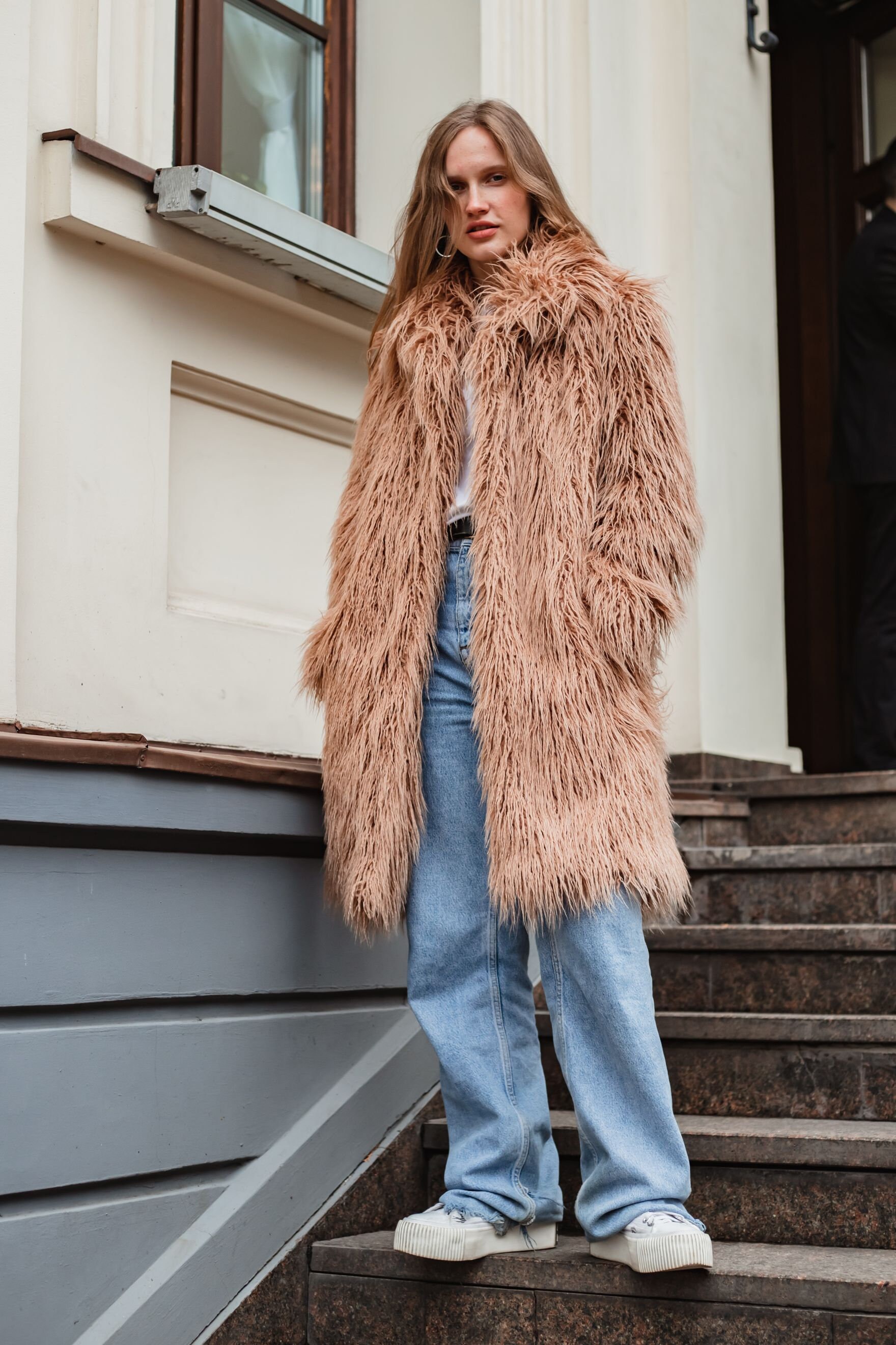 Long Faux Fur Coat With Collar, Beige Collared Fake Fur Coat