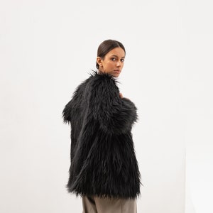 Black faux fur llama coat, Shaggy jacket, Long line midi coat image 2