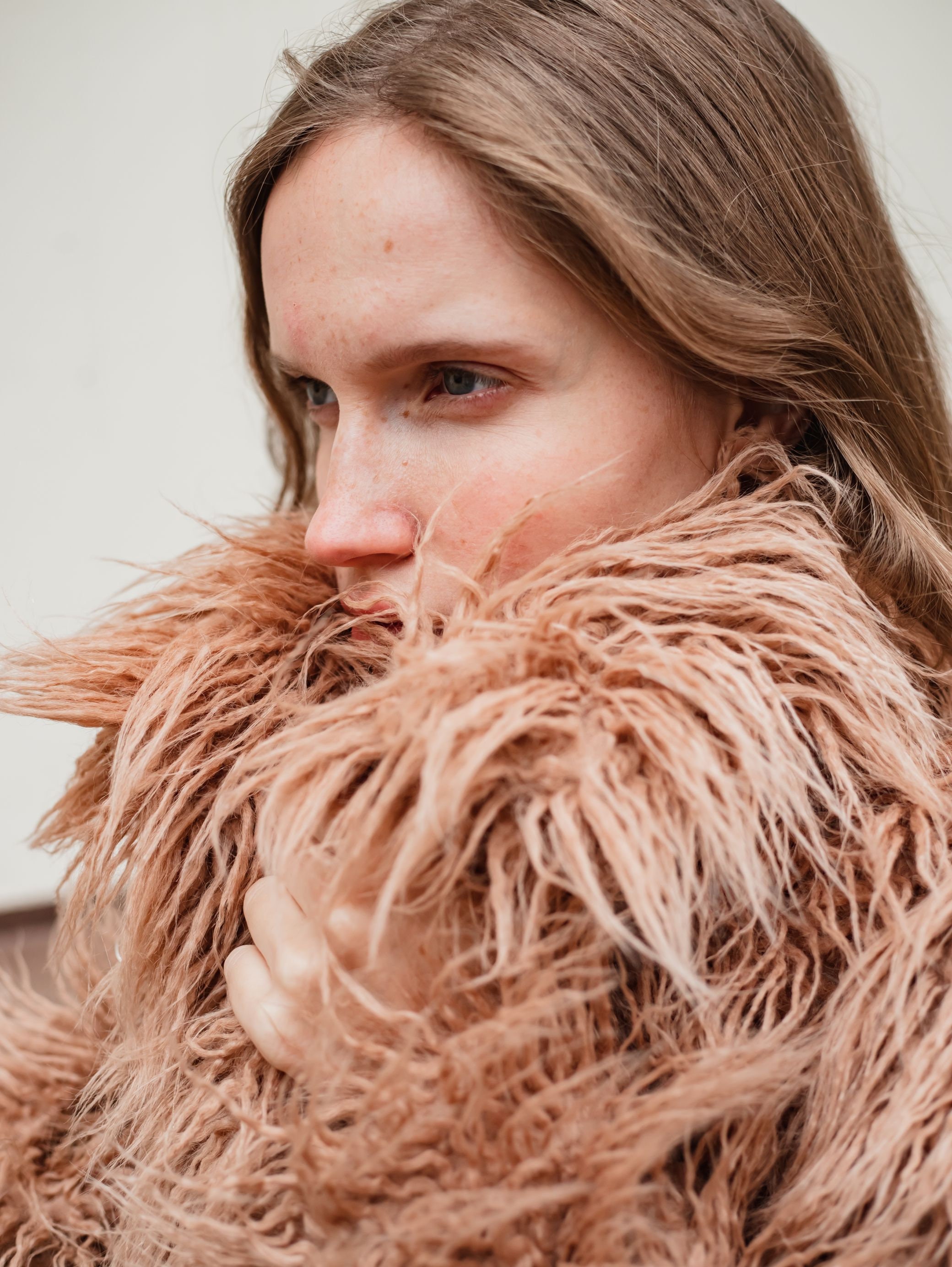 Long Faux Fur Coat With Collar, Beige Collared Fake Fur Coat Long Faux Fur Coat With Collar, Beige Collared Fake Fur Coat