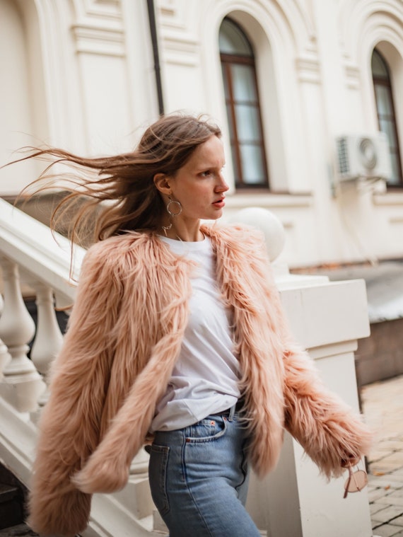 Nude Cropped Faux Fur Jacket, Blush Fluffy Jacket, Beige Shaggy