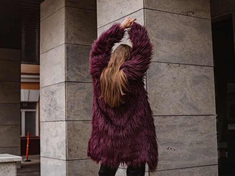 Purple faux fur coat Burning man coat Shaggy plum llama Long line midi jacket