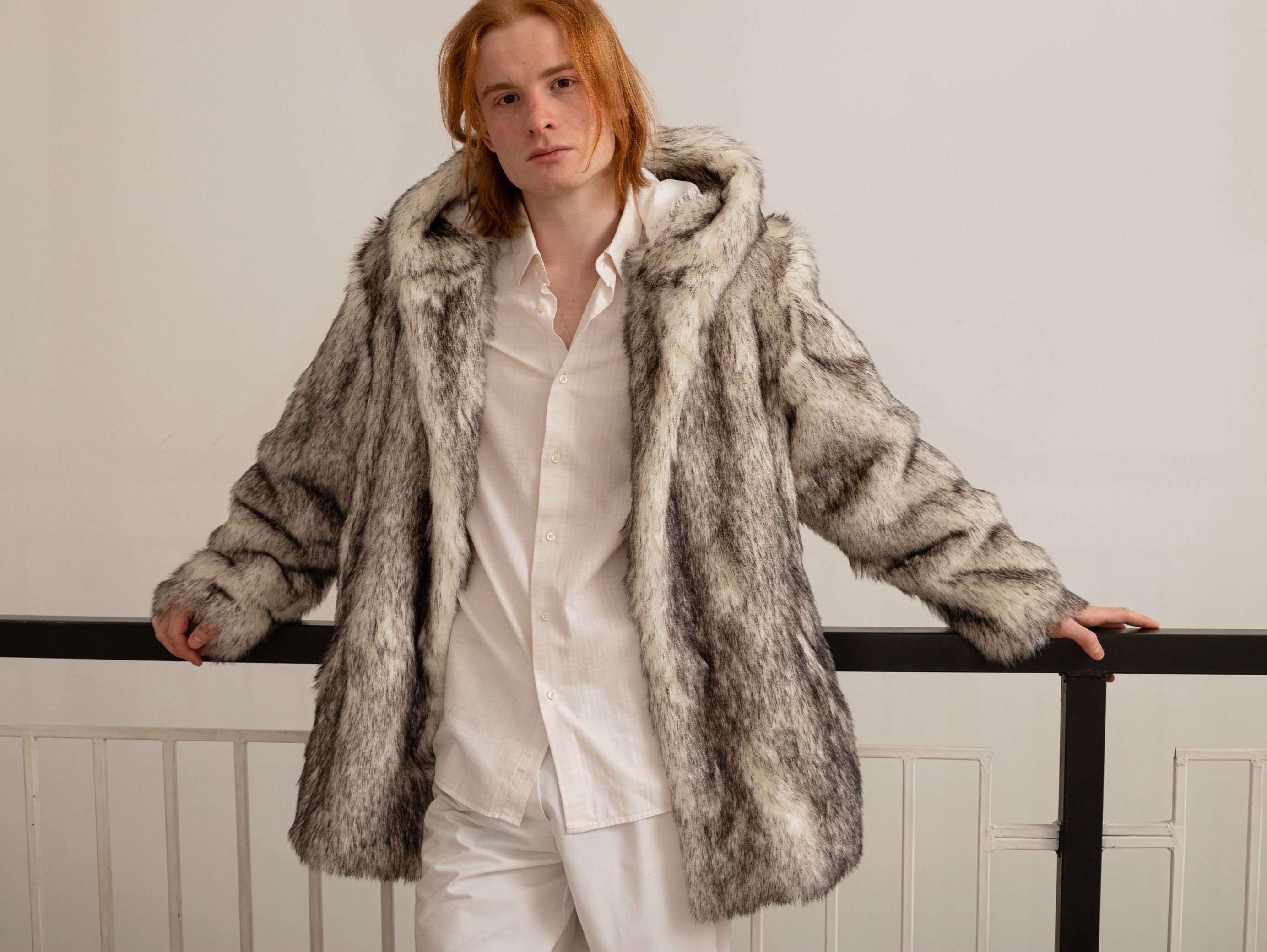 Faux Fur Streetwear Clothing, Mens White Faux Fur Jacket