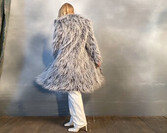 Collared Grey Llama Faux Fur Coat, Women's Shaggy Jacket, Long Ash