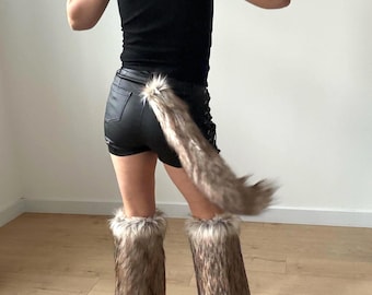 Coyote faux fur leg warmers, Wild brown tones, Optional arm cuffs & tail,  Festival-ready look