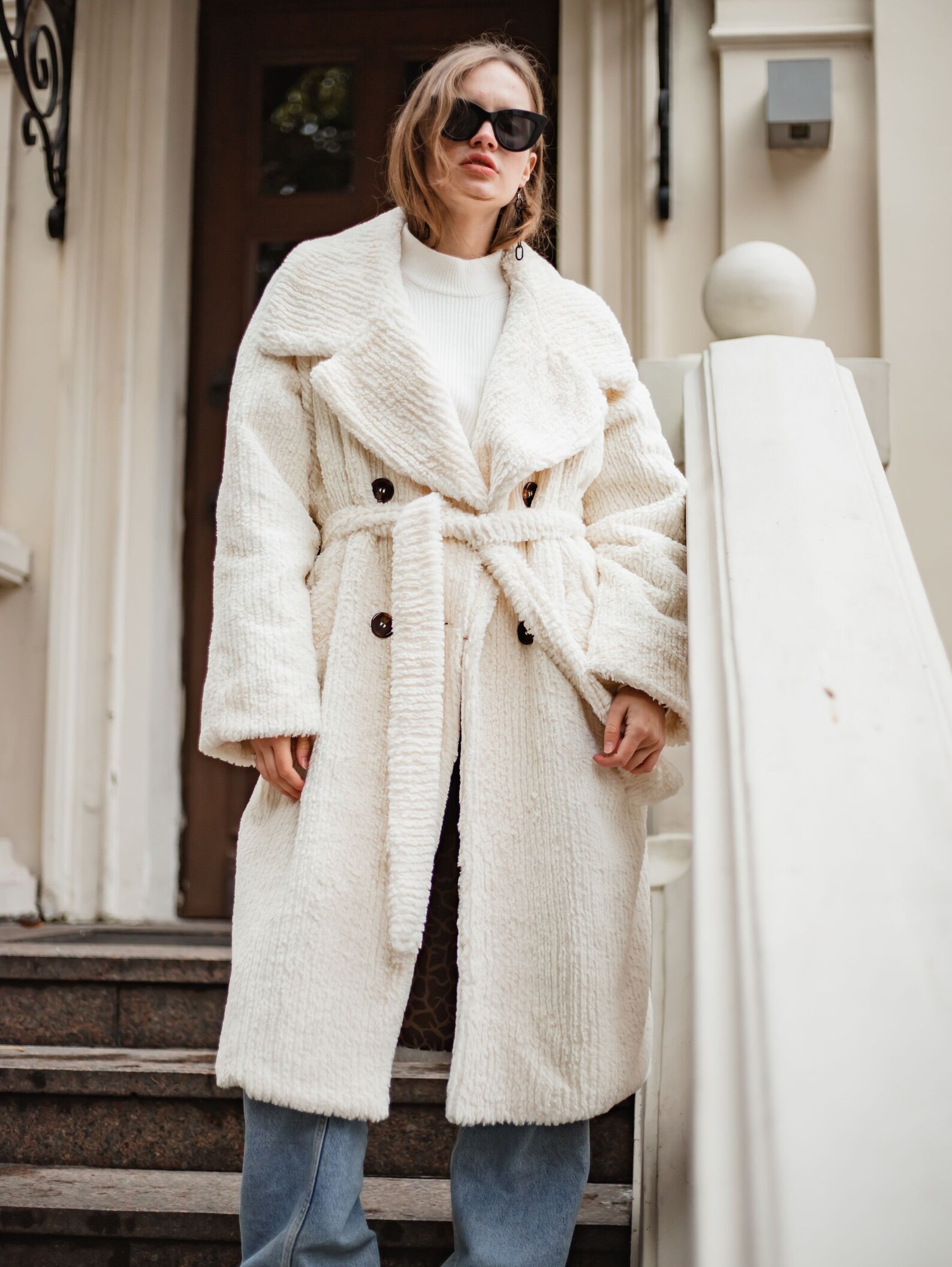 Faux Fur Overcoat - Long Top Coat Full length Coat Off-White