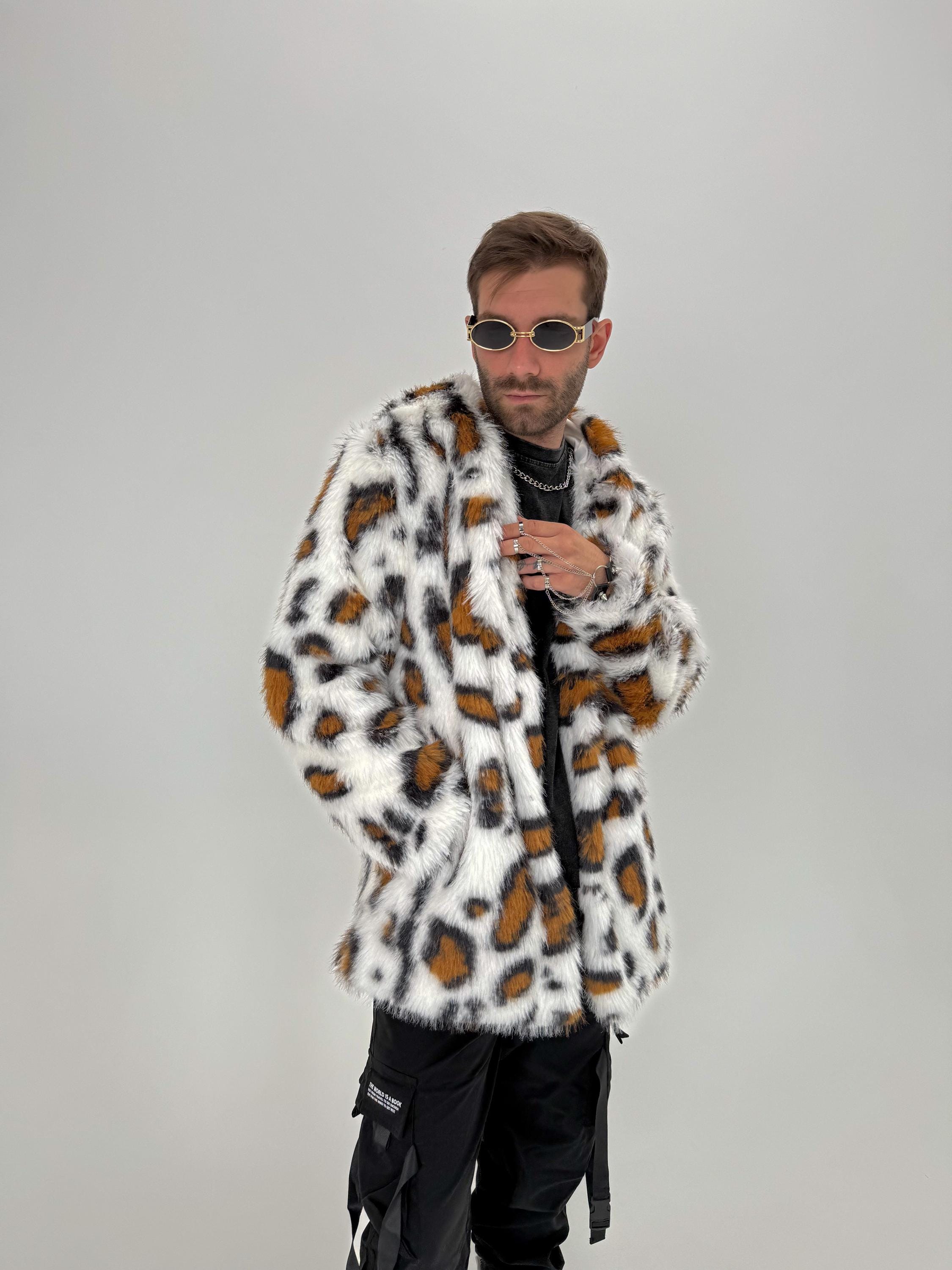 White Jungle Faux Fur Leopard Festival Coat With Hood, Unisex Rave 