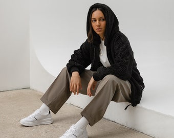 Chaqueta bomber de terciopelo negro, chaqueta bomber de piel sintética, chaqueta con capucha