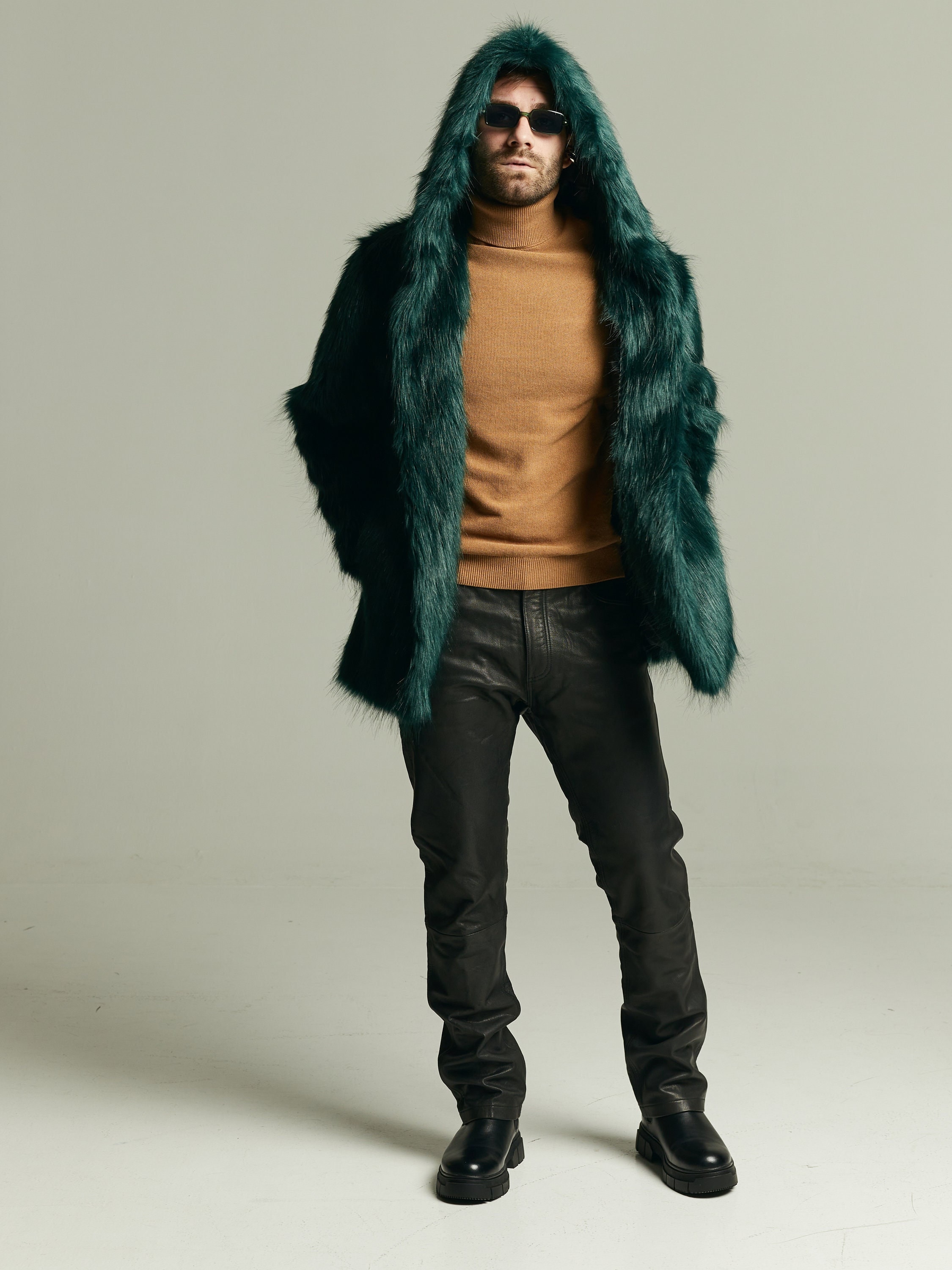 メンズ エメラルドグリーン フェイクファー フード付き フェスティバル