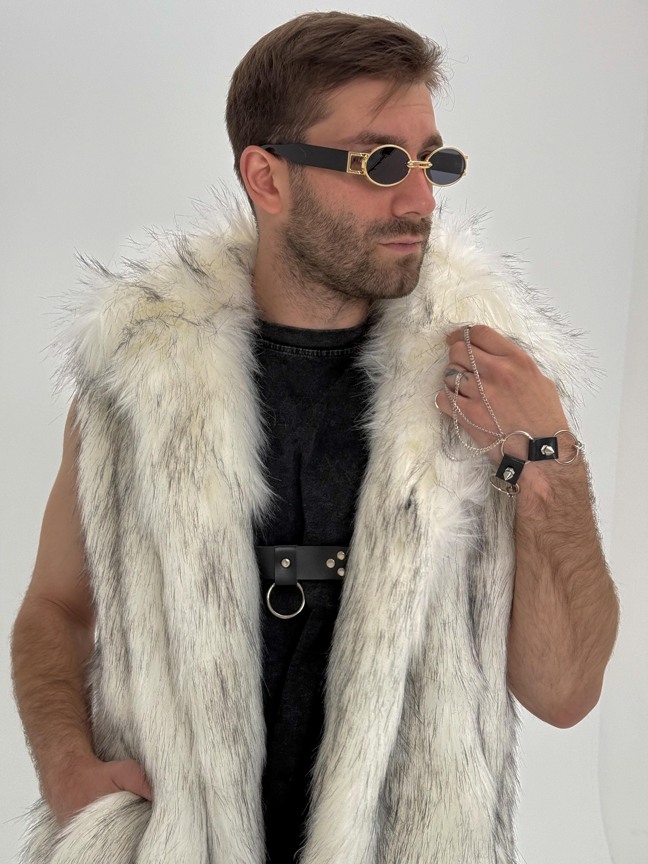 Wolfcore Faux Fur Vest: Men's Long White Gilet With Stand Collar