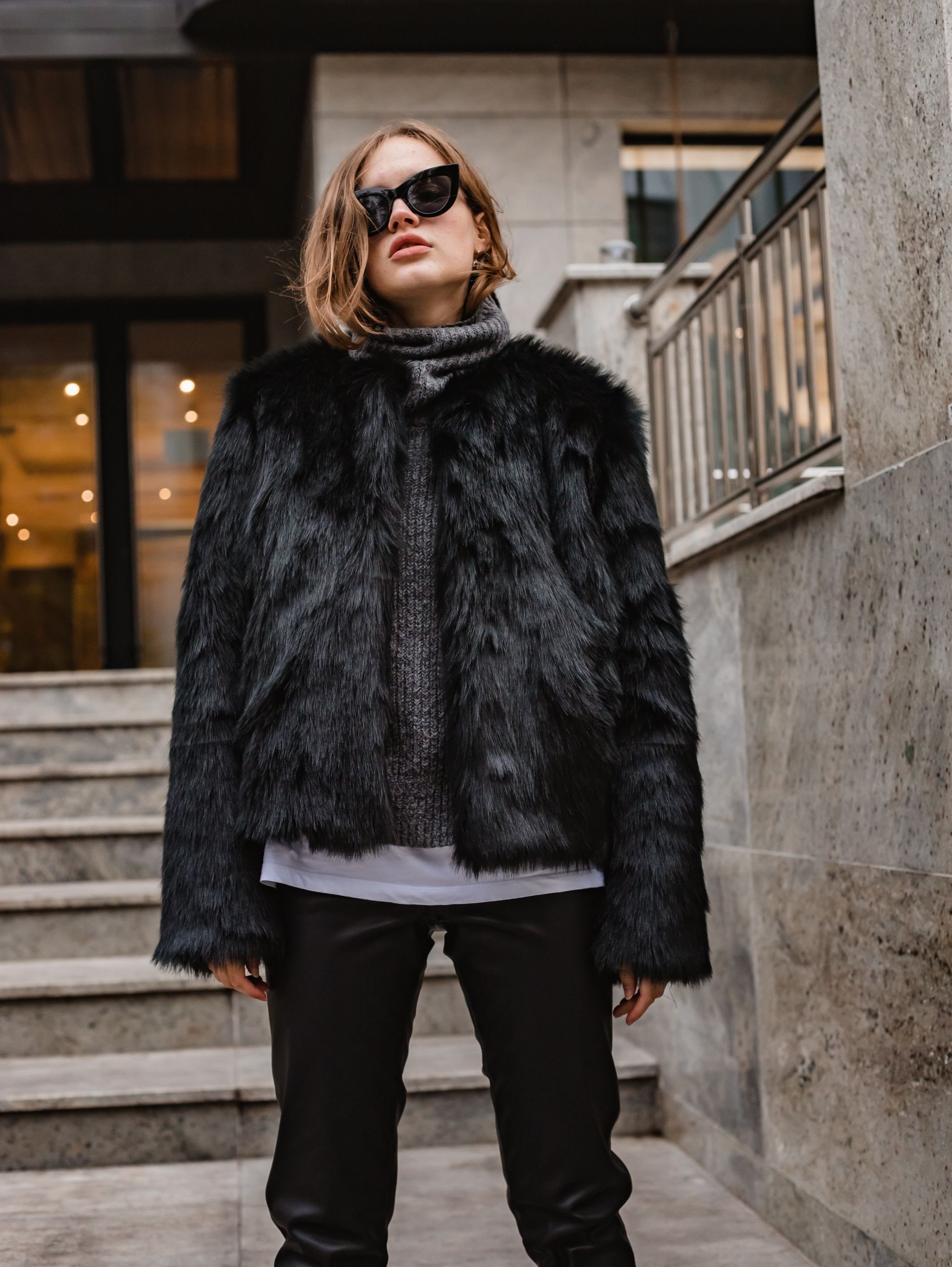Black Cropped Faux Fur Jacket Short Woman Furry Jacket Black - Etsy UK