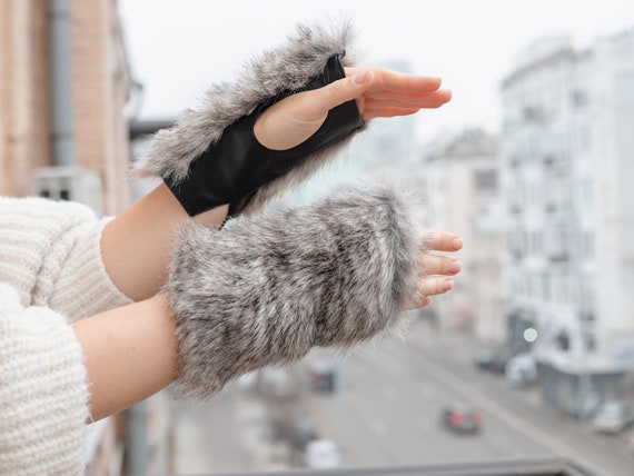 Buy Gray Wolf Faux Fur Mittens Fluffy Gloves Eco Leather Mittens