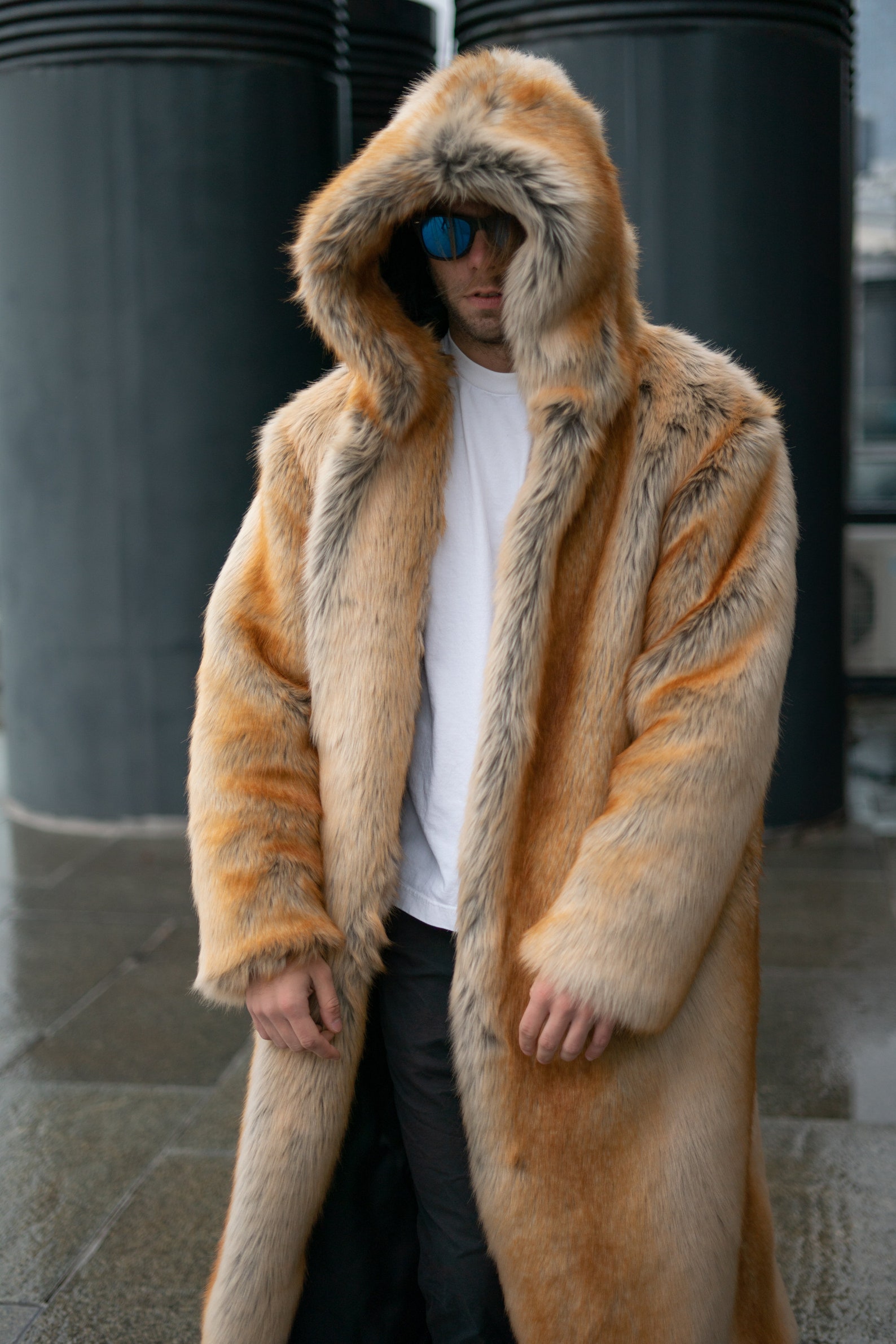Long hooded fox faux fur coat Men's coat with oversize | Etsy