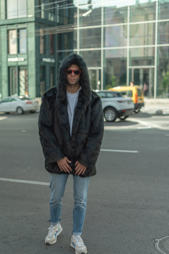 Mens faux fur coat black outlet