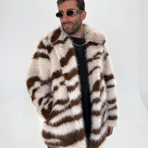 Stripe Me Crazy Faux Fur Festival Jacket: Brown & Cream Unisex Coat
