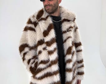 毛皮コート ブラウンベージュストライプ ストライプミークレイジーフェイクファーフェスティバルジャケット
