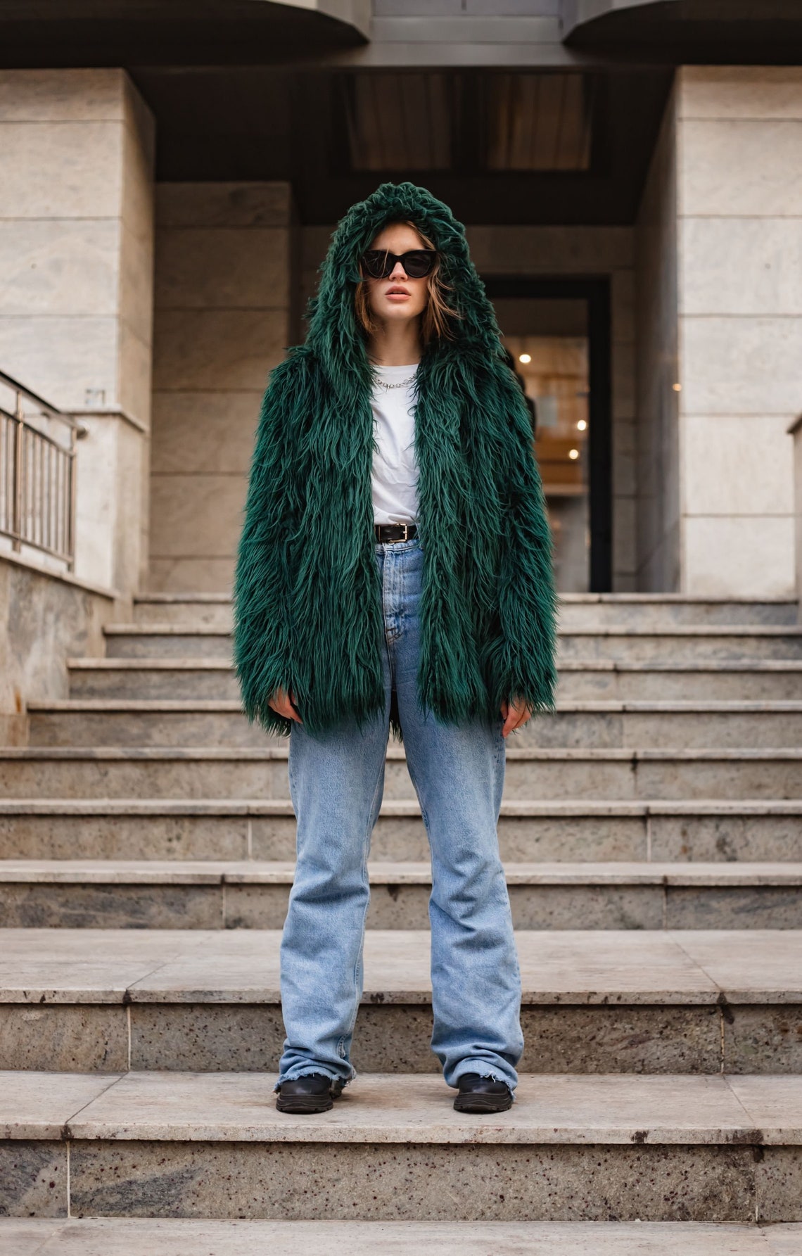 Emerald Green Faux Fur Coat Hooded Jacket Women's Shaggy Etsy