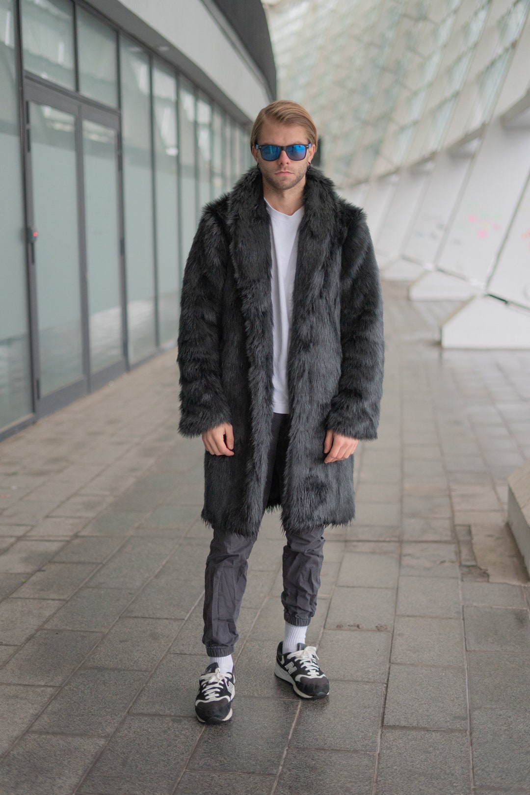 Black Wolf Midi Coat, Men Collared Faux Fur Jacket