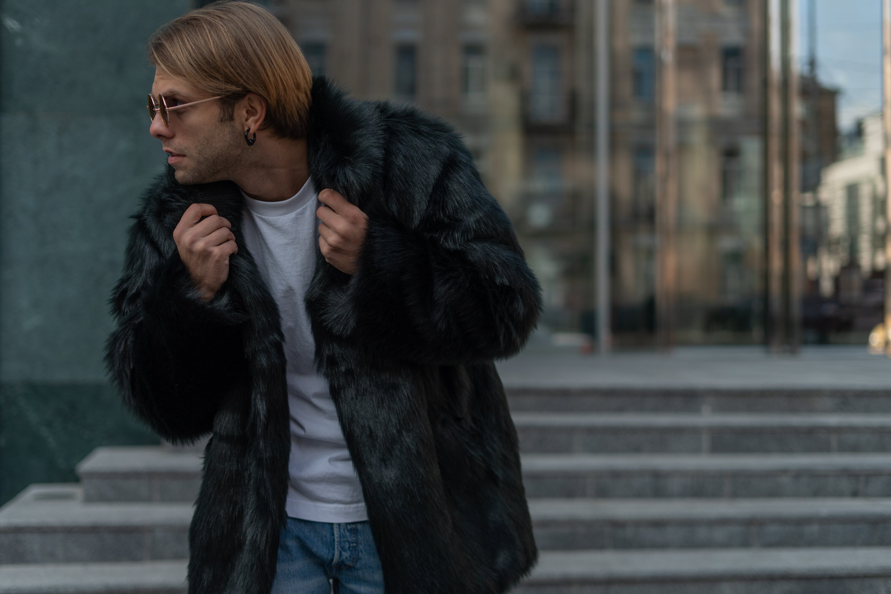 Black Collared Faux Fur Jacket, Men Short Fake Fur Jacket