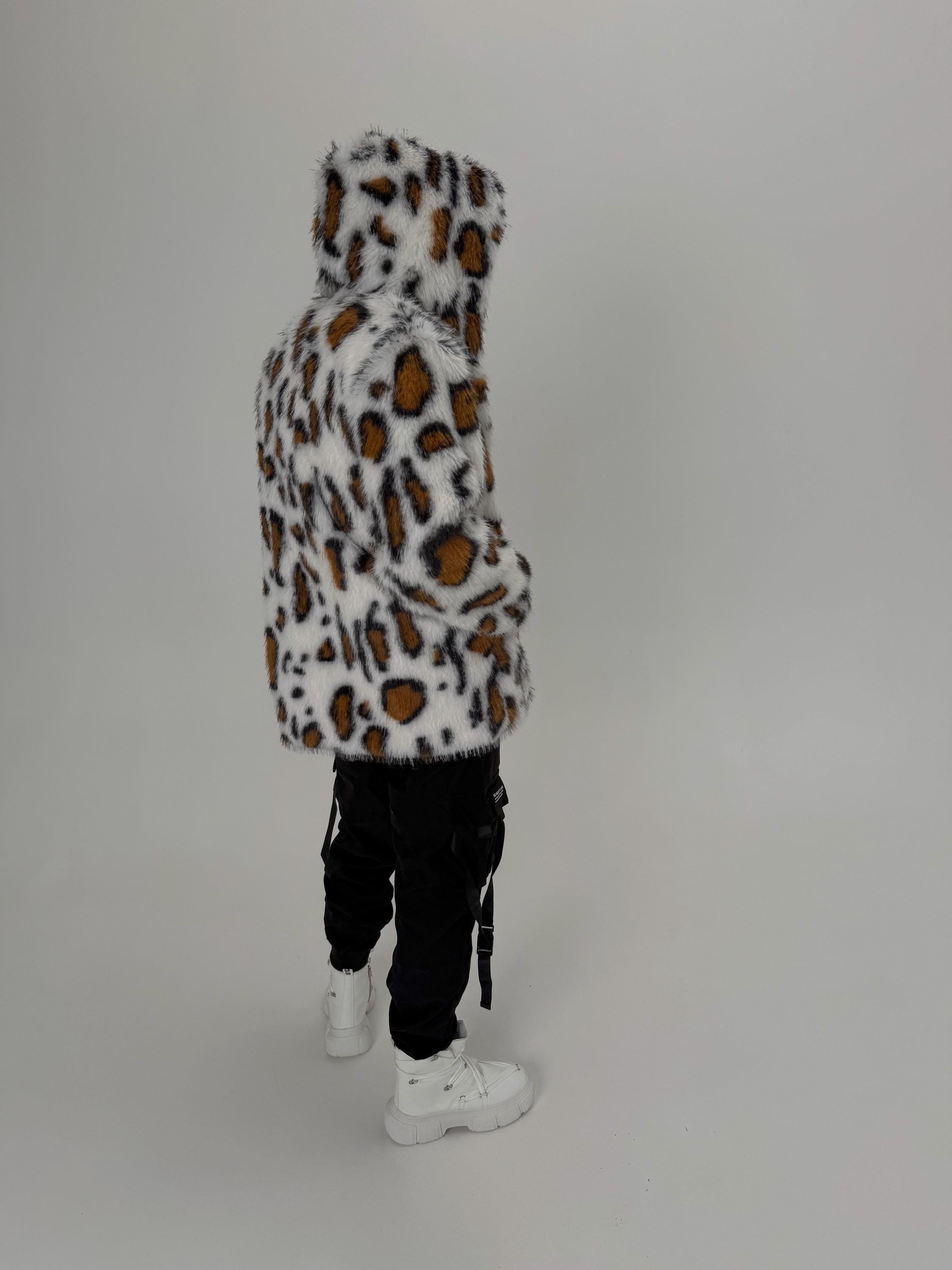 Men's Classic Leopard Faux Fur Coat, Wild Ocelot Print Hooded