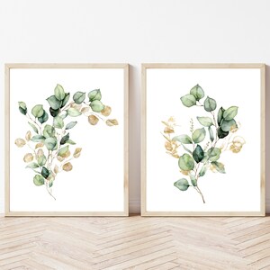 Eucalyptus Prints, Botanical Set of 2 Prints, Watercolor Plant Poster, Greenery Leaf Prints, Living Room Wall Art, Gold Eucalyptus ArtPrint