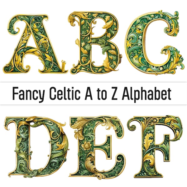 Lettres fantaisie Alphabet celtique Fantaisie Floral Alphabet Clipart Lettres décoratives Monogramme Impression à la demande Conceptions de sublimation Utilisation commerciale