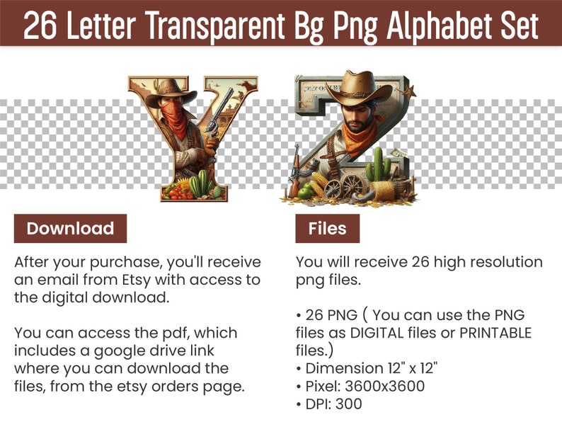 Puede incluir: Un conjunto de 26 letras del alfabeto en formato PNG, cada letra est&aacute; ilustrada con un personaje de vaquero en un entorno del oeste. Las letras son transparentes y tienen una resoluci&oacute;n de 3600x3600 p&iacute;xeles. El conjunto incluye un enlace de descarga para acceder a los archivos.