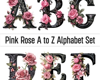 Rose Png Clipart Rose police de l'alphabet Rose lettres Png Doodle lettres Alphabet floral Clipart lettres décoratives Designs par sublimation