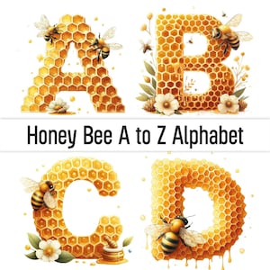 Clipart abeille, lettres PNG, autocollant abeille, police de caractères bourdon, lettres de gribouillage, police de caractères PNG, lettres de l'alphabet, nid d'abeille, clipart aquarelle