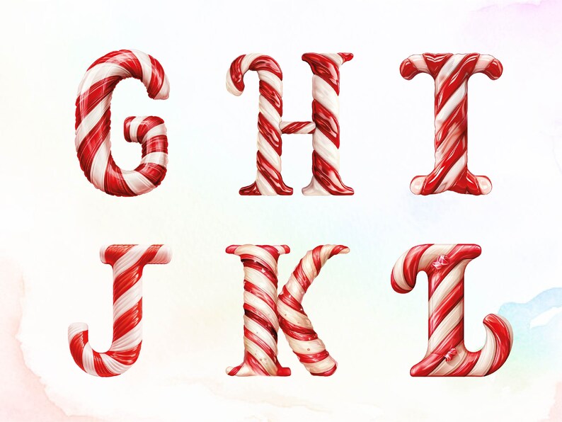 May include: Candy cane letters G, H, I, J, K, and L. The letters are red and white with a swirl pattern.