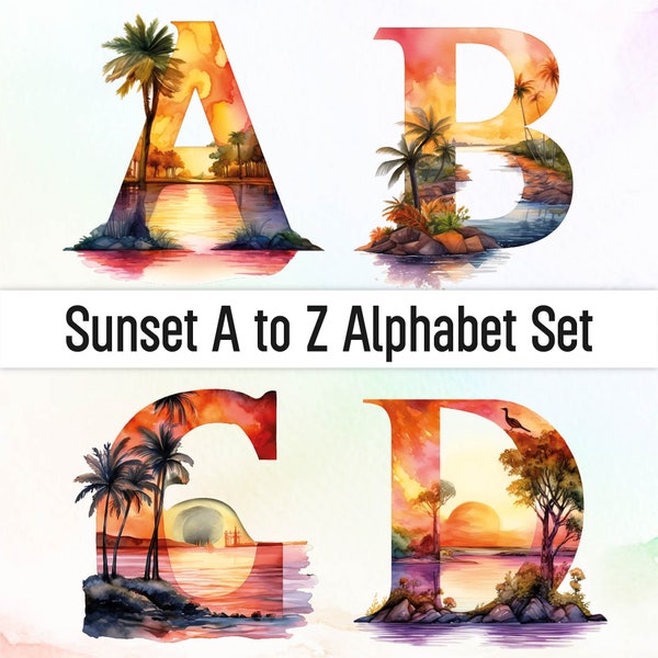 Sunset Png Sunset Clipart Summer Png Alphabet Clipart Watercolor Clipart Sunset Print Monogram Letters Decorative Sublimation Designs