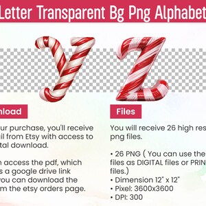May include: A set of 26 alphabet letters in a candy cane design. The letters are red and white with a 3D effect. The letters are on a transparent background. The letters are 12 inches by 12 inches and have a resolution of 3600x3600 pixels. The DPI is 300.