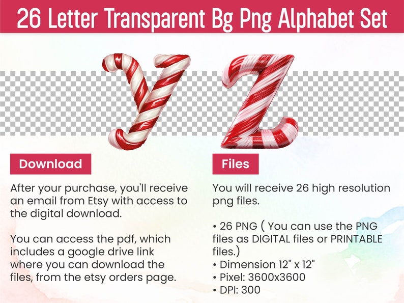 May include: A set of 26 alphabet letters in a candy cane design. The letters are red and white with a 3D effect. The letters are on a transparent background. The letters are 12 inches by 12 inches and have a resolution of 3600x3600 pixels. The DPI is 300.