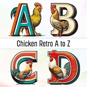 Poulet Png Aquarelle Poulet Clipart Alphabet Png Alphabet Rétro Png Art Poulet Aquarelle Clipart Sublimation Designs