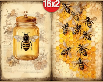 May include: A vintage-style image featuring a bee in a glass jar with a cork lid, surrounded by floral designs. The second image shows a honeycomb with multiple bees flying around it, all on a vintage background.