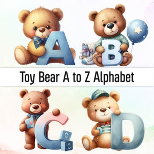 Alfabeto de oso de juguete Clipart Png Oso Baby Shower Decoraciones Letras garabatas Paquete de fuentes garabatas Decoración de pared para guardería Impresiones