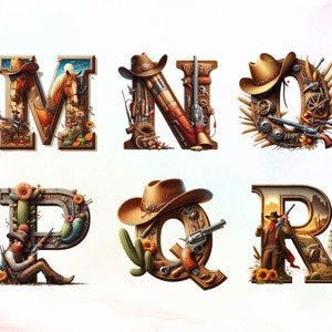 Puede incluir: Letras del alfabeto con tem&aacute;tica del oeste M, N, O, P, Q y R. Cada letra est&aacute; hecha de madera y decorada con sombreros de vaquero, cactus, caballos, pistolas y otras im&aacute;genes del oeste.