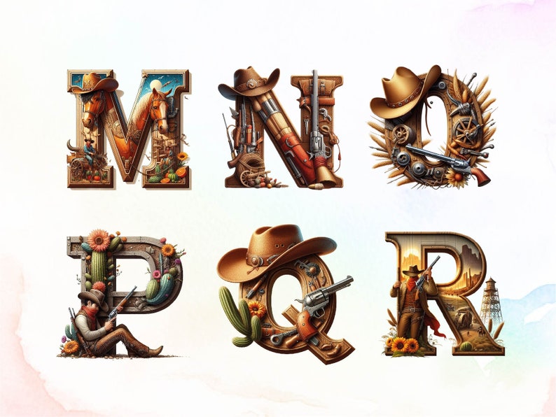 Puede incluir: Letras del alfabeto con tem&aacute;tica del oeste M, N, O, P, Q y R. Cada letra est&aacute; hecha de madera y decorada con sombreros de vaquero, cactus, caballos, pistolas y otras im&aacute;genes del oeste.