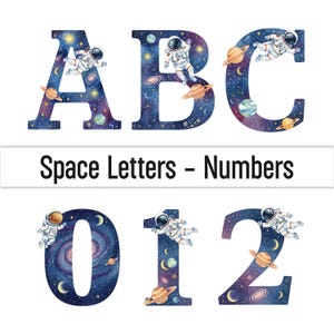 May include: Watercolor letters and numbers with a space theme. The letters A, B, and C, and numbers 0, 1, and 2 are depicted with a starry night sky background, planets, and astronauts. The text "Space Letters - Numbers" is displayed.