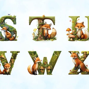 May include: A set of six alphabet letters, S, T, U, V, W, and X, made of green moss and wood with a fox sitting in front of each letter. The letters are surrounded by mushrooms and other forest elements.