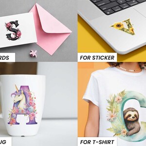 May include: Four images showing different ways to use a floral letter design. The first image shows a card with a black letter "S" with pink flowers. The second image shows a laptop with a sticker of a yellow letter "V" with sunflowers. The third image shows a white mug with a purple letter "A" with a unicorn and pink flowers. The fourth image shows a white t-shirt with a green letter "C" with a sloth and pink flowers.