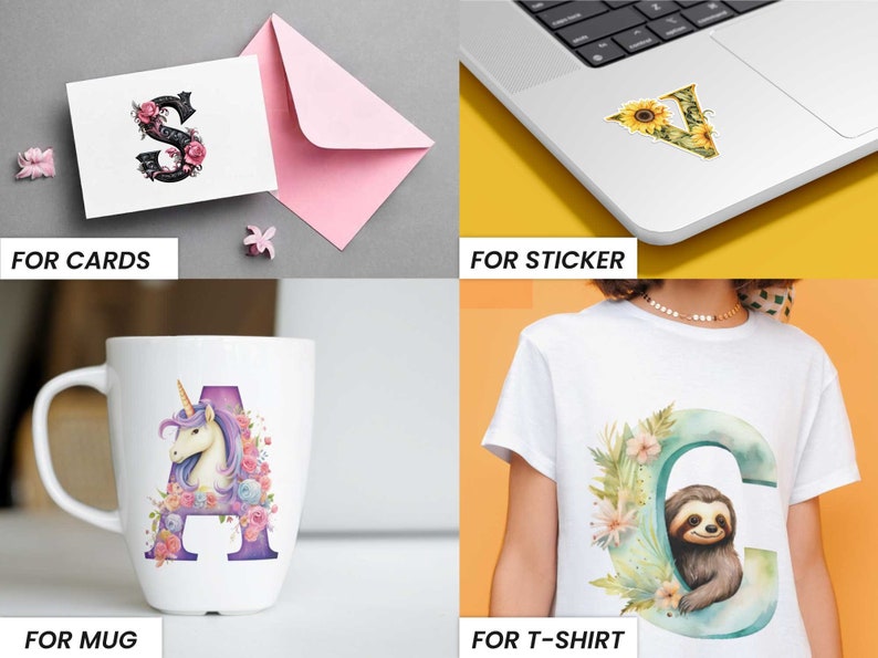 May include: Four images showing different ways to use a floral letter design. The first image shows a card with a black letter "S" with pink flowers. The second image shows a laptop with a sticker of a yellow letter "V" with sunflowers. The third image shows a white mug with a purple letter "A" with a unicorn and pink flowers. The fourth image shows a white t-shirt with a green letter "C" with a sloth and pink flowers.