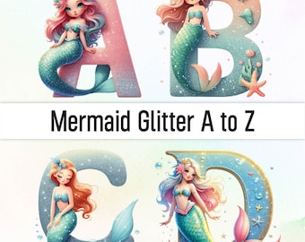 Glitter Mermaid Png Mermaid Clipart Alphabet Png Font Doodle Letters Watercolor Sublimation Designs Png Bundle Clipart