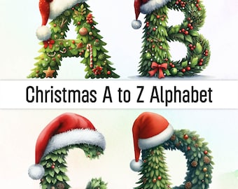 Nom de Noël Png Père Noël lettres polices de caractères de Noël Aquarelle sapin de Noël Clipart Alphabet Png Mug de Noël Clipart de Noël