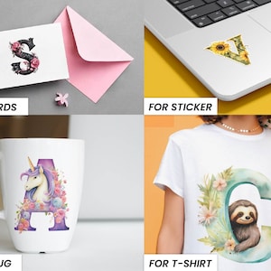 May include: Four different examples of how to use a floral letter design. The first image shows a card with a black letter S surrounded by pink flowers. The second image shows a laptop with a sticker of a yellow letter V surrounded by sunflowers. The third image shows a white mug with a purple letter A surrounded by pink flowers and a unicorn. The fourth image shows a white t-shirt with a blue letter C surrounded by green leaves and pink flowers with a sloth inside the letter.