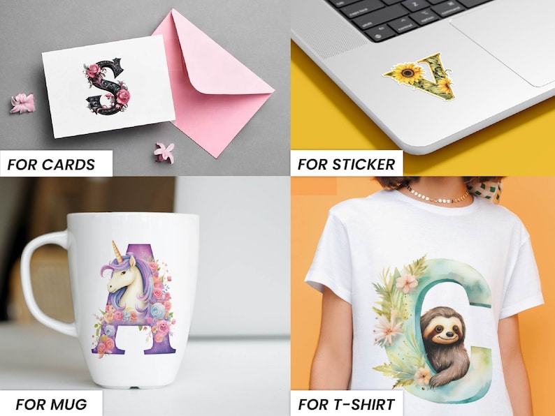 May include: Four different examples of how to use a floral letter design. The first image shows a card with a black letter S surrounded by pink flowers. The second image shows a laptop with a sticker of a yellow letter V surrounded by sunflowers. The third image shows a white mug with a purple letter A surrounded by pink flowers and a unicorn. The fourth image shows a white t-shirt with a blue letter C surrounded by green leaves and pink flowers with a sloth inside the letter.