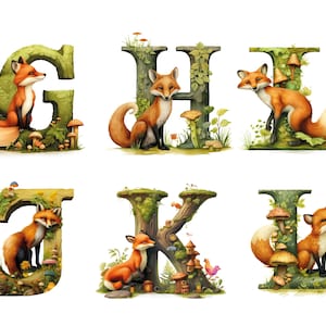 May include: A set of six alphabet letters, G, H, I, J, K, and L, with a fox sitting on each letter. The letters are made of green moss and have a woodland theme with mushrooms and leaves.